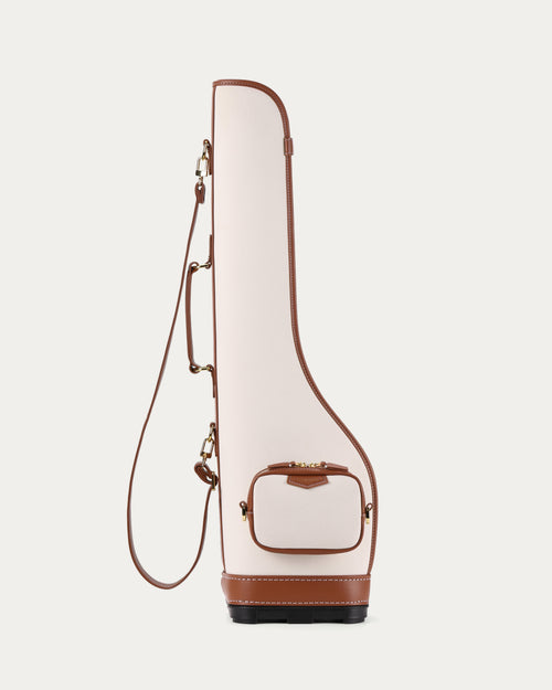 Brown luxury Sunday golf bag with gold hardware by Camellia Country Club
