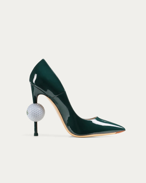 Green patent leather golf ball heel with sculptural golf-inspired design